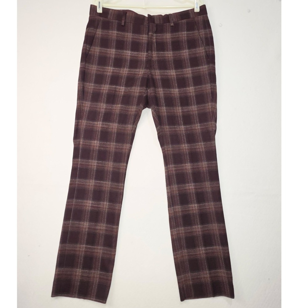 Murano Evan Fit Mens 34x30 Burgundy Brown Plaid Modern Comfort Dress Pants